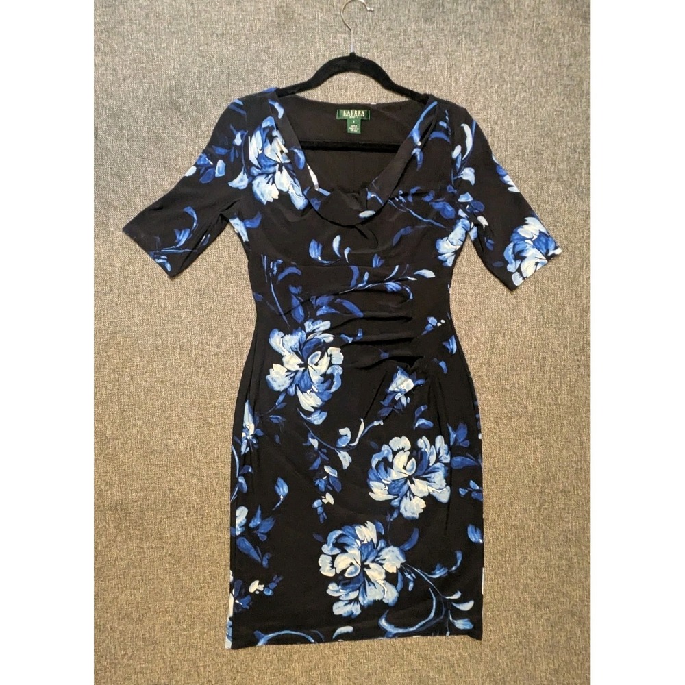 Lauren Ralph Lauren V-Neck Floral Faux Wrap Blue Flower Print Jersey Dress Sz 6
